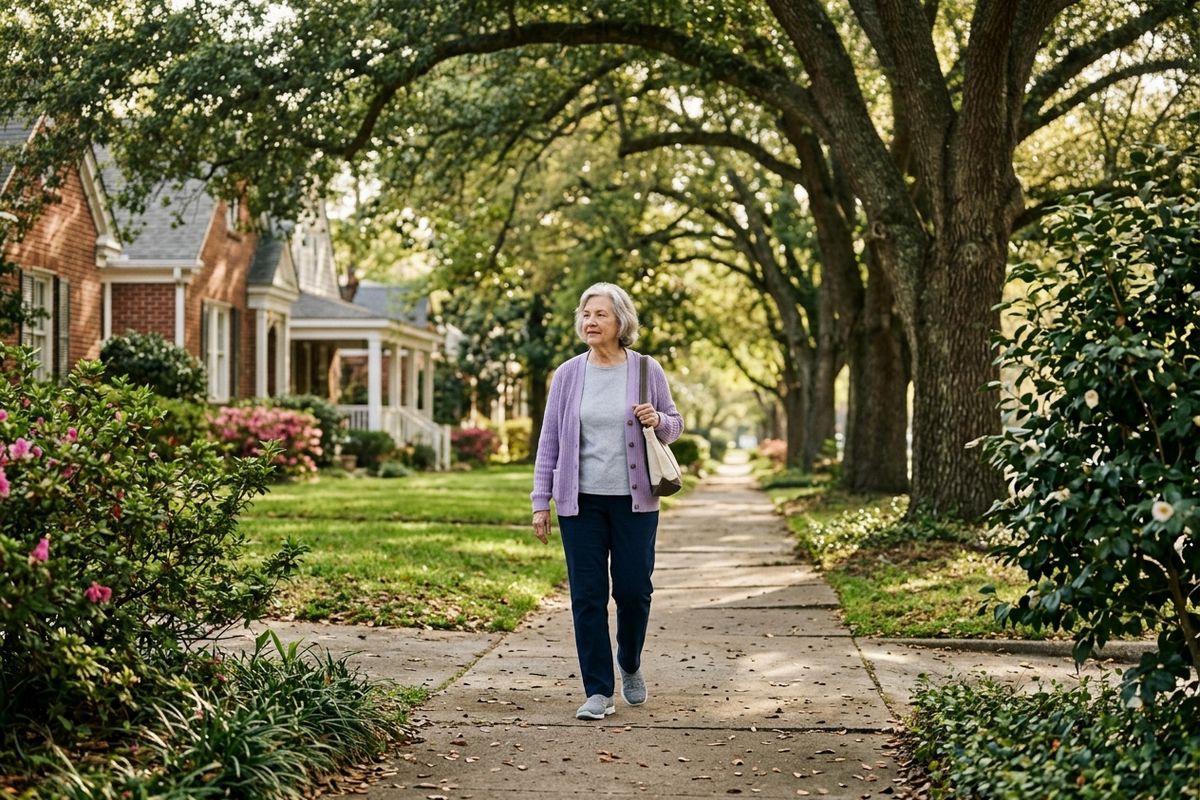 Older adult in a lavender cardigan with a shoulder bag walks along a tree-shaded sidewalk past houses and flowering shrubs.