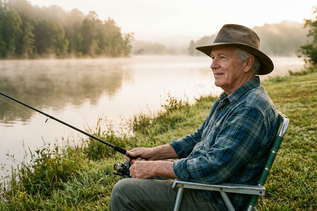 Older adult in a wide-brimmed hat and plaid shirt sits in a folding chair holding a fishing rod beside a misty lake, smiling.