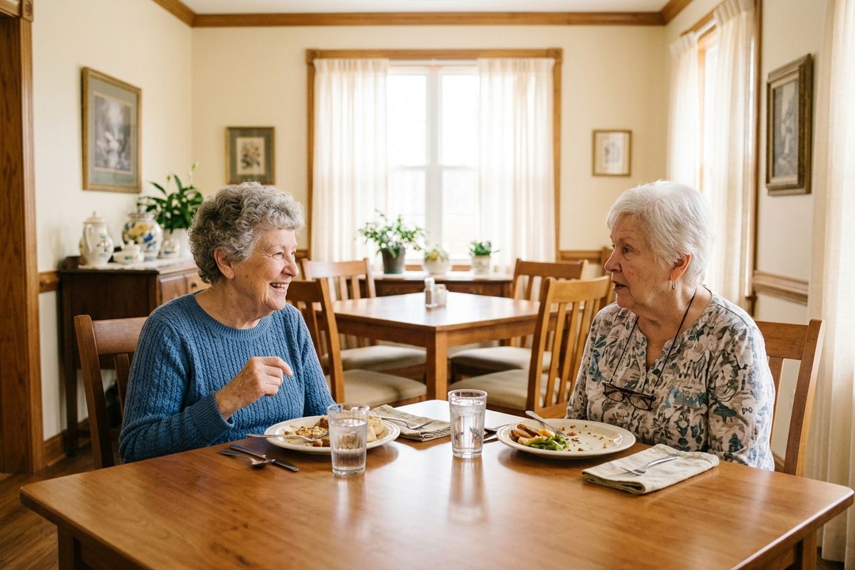 Two older adults sit at a wooden dining table with plates of food and glasses of water, talking and smiling in a sunlit dining room.