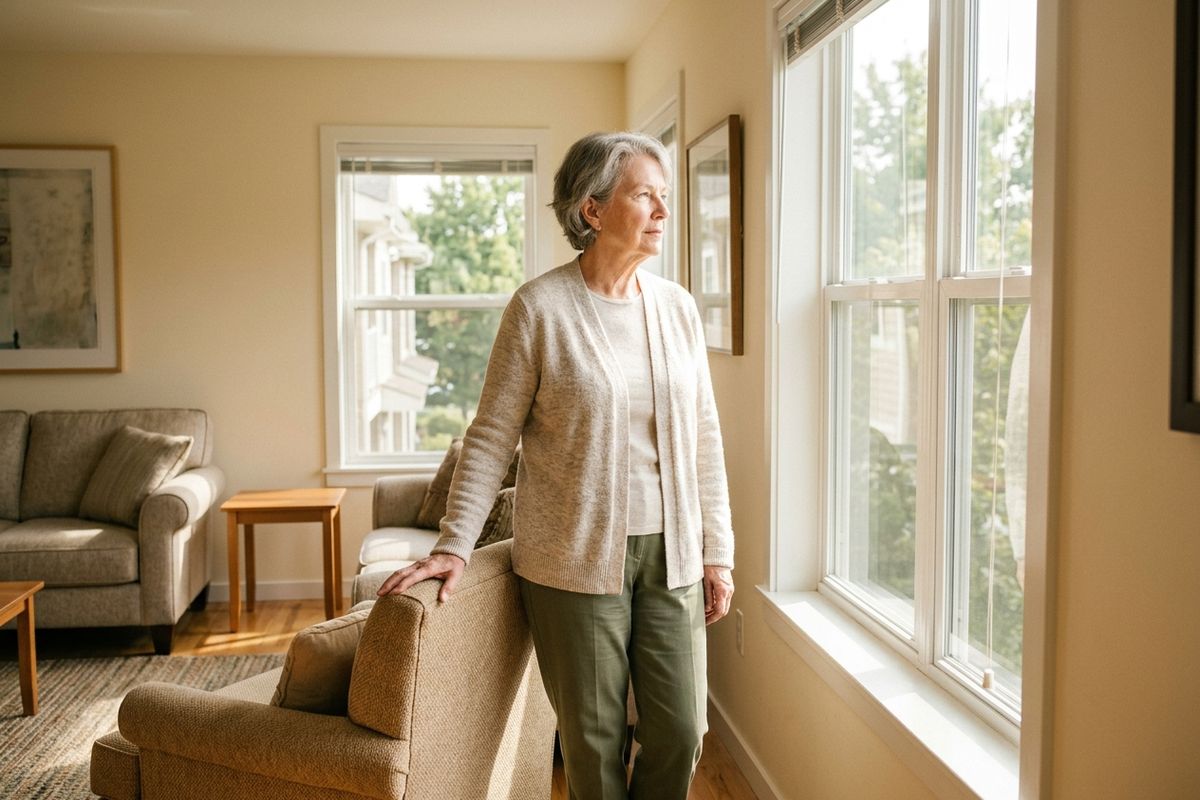 Older adult with grey hair stands in a sunlit living room, hand resting on an armchair, looking out the window.