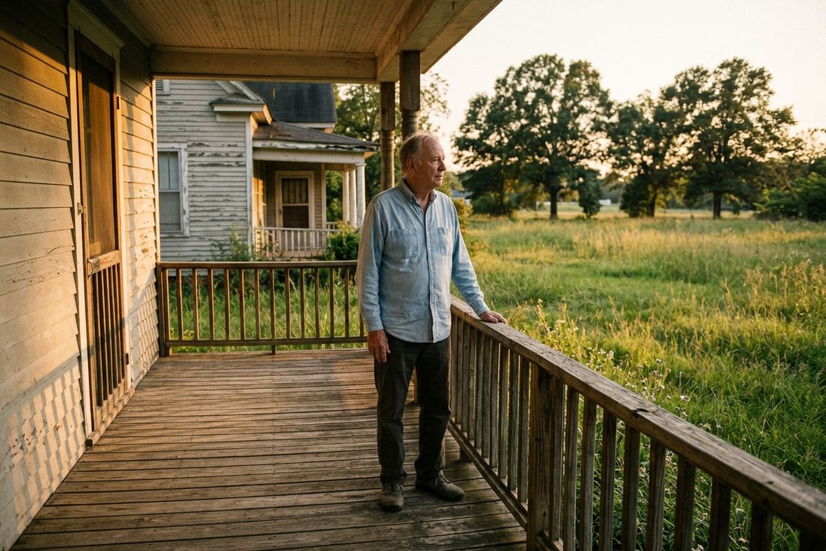 Older adult stands on a wooden porch with a hand on the railing, looking out over a grassy field and trees at sunset.