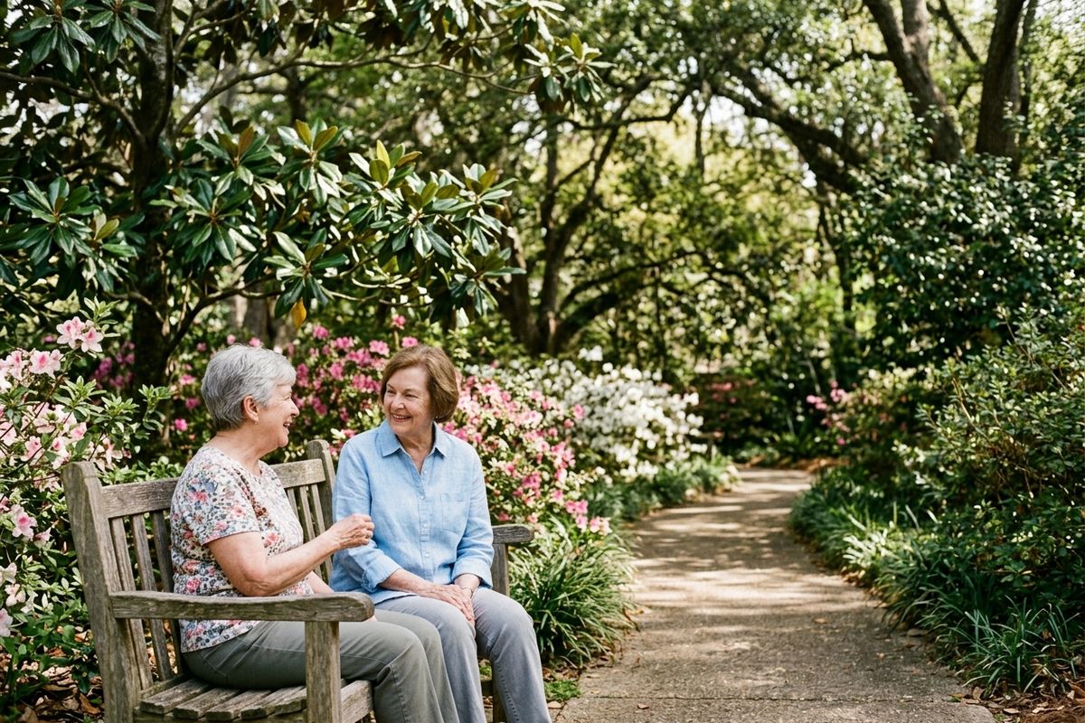 Two older adults sit smiling on a wooden bench beside a garden path, surrounded by blooming azaleas and trees.