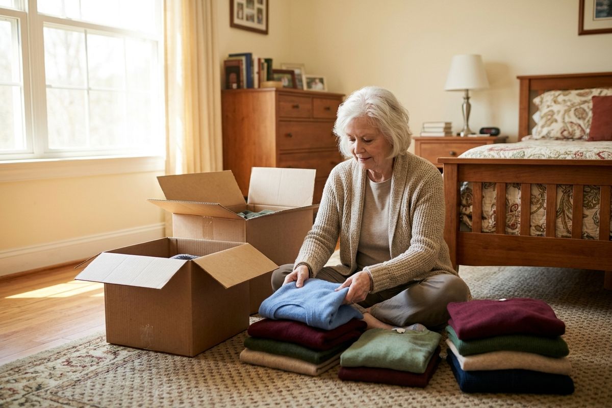 Older adult sits on a bedroom rug folding sweaters into stacks beside two open cardboard boxes, near a wooden bed and dresser.